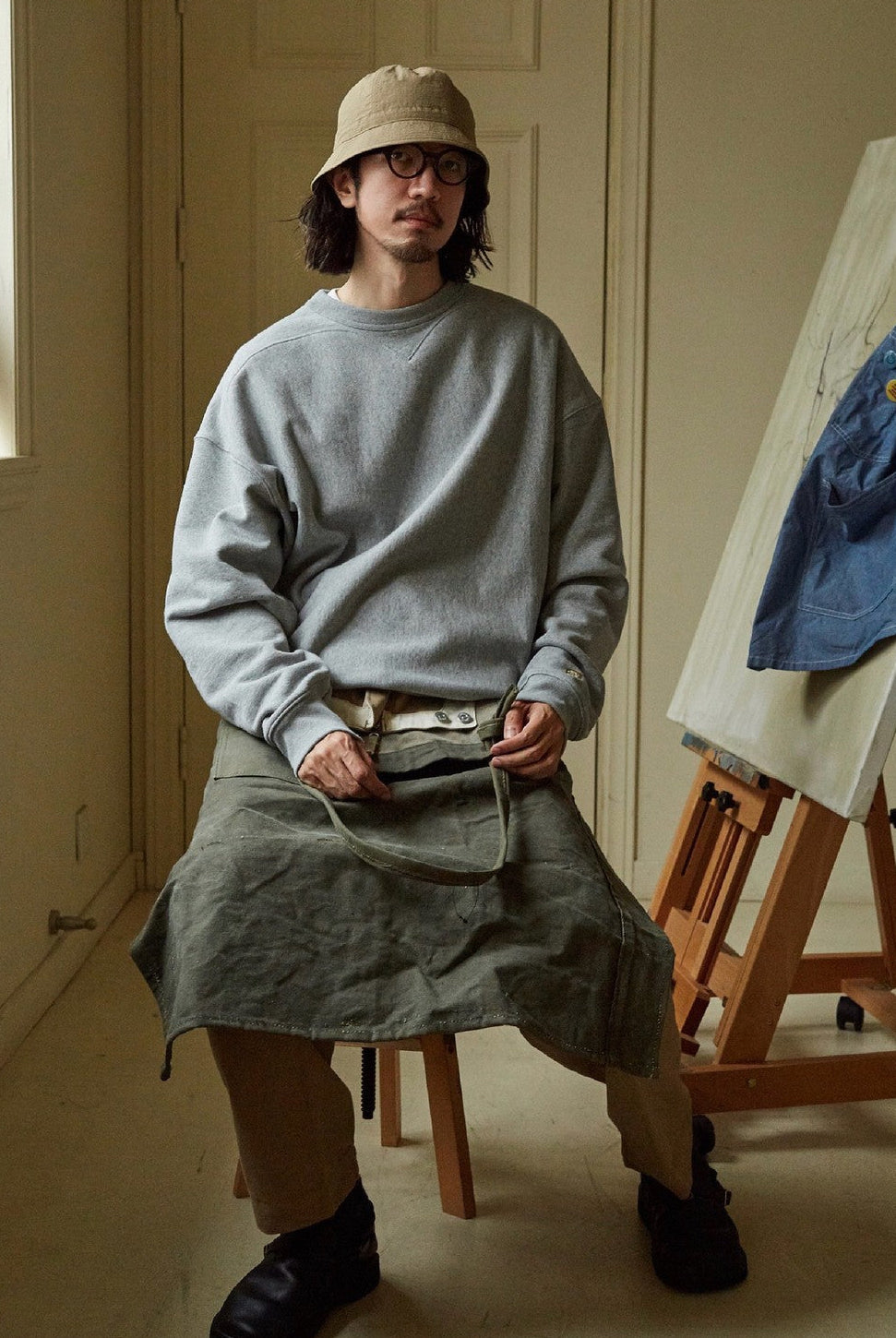 USAGE Reversible Cotton Crewneck Sweatshirt in Heather Gray - On Male Model