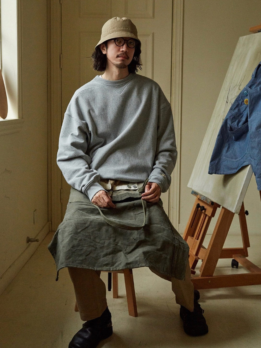 USAGE Reversible Cotton Crewneck Sweatshirt in Heather Gray - On Male Model