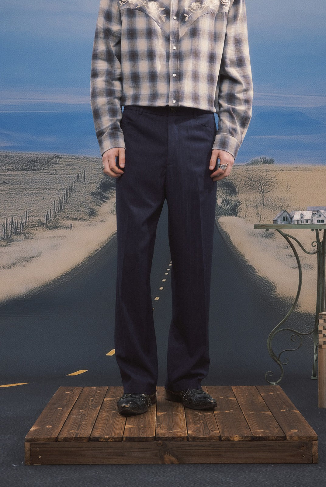 SOD Melvins Embroidered Pinstripe Trousers in Navy Blue - On Male Model