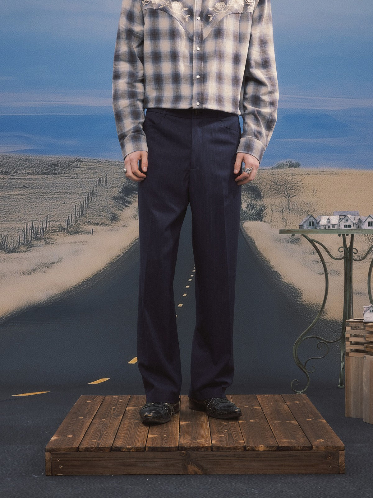SOD Melvins Embroidered Pinstripe Trousers in Navy Blue - On Male Model