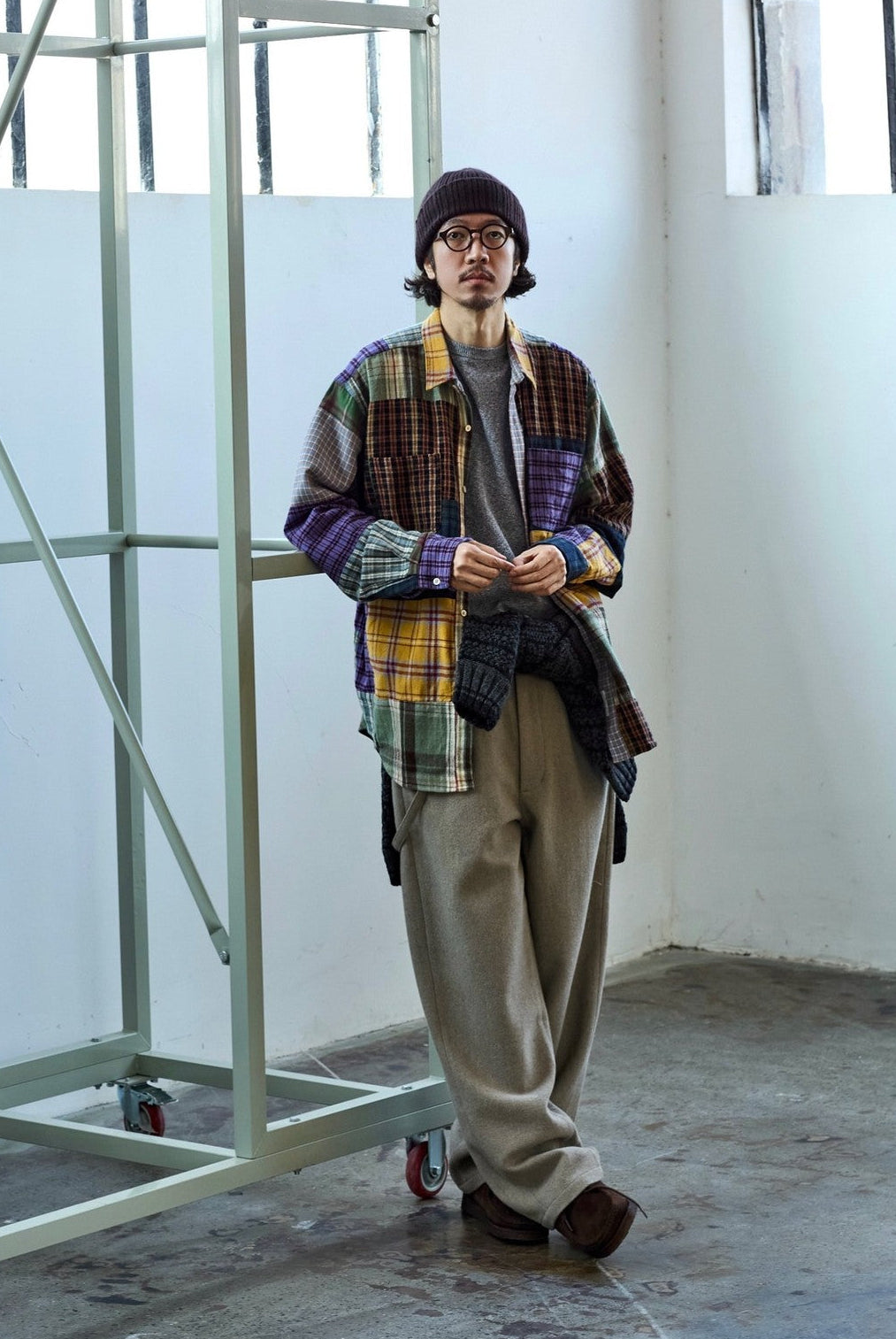 USAGE Cotton Plaid Patchwork Shirt in Patchwork - On Male Model