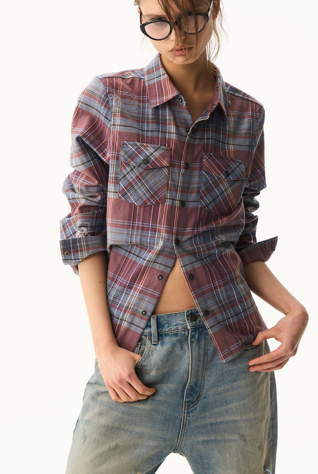 BLINDNOPLAN Cropped Plaid Button Down Shirt in Blue - On Female Model
