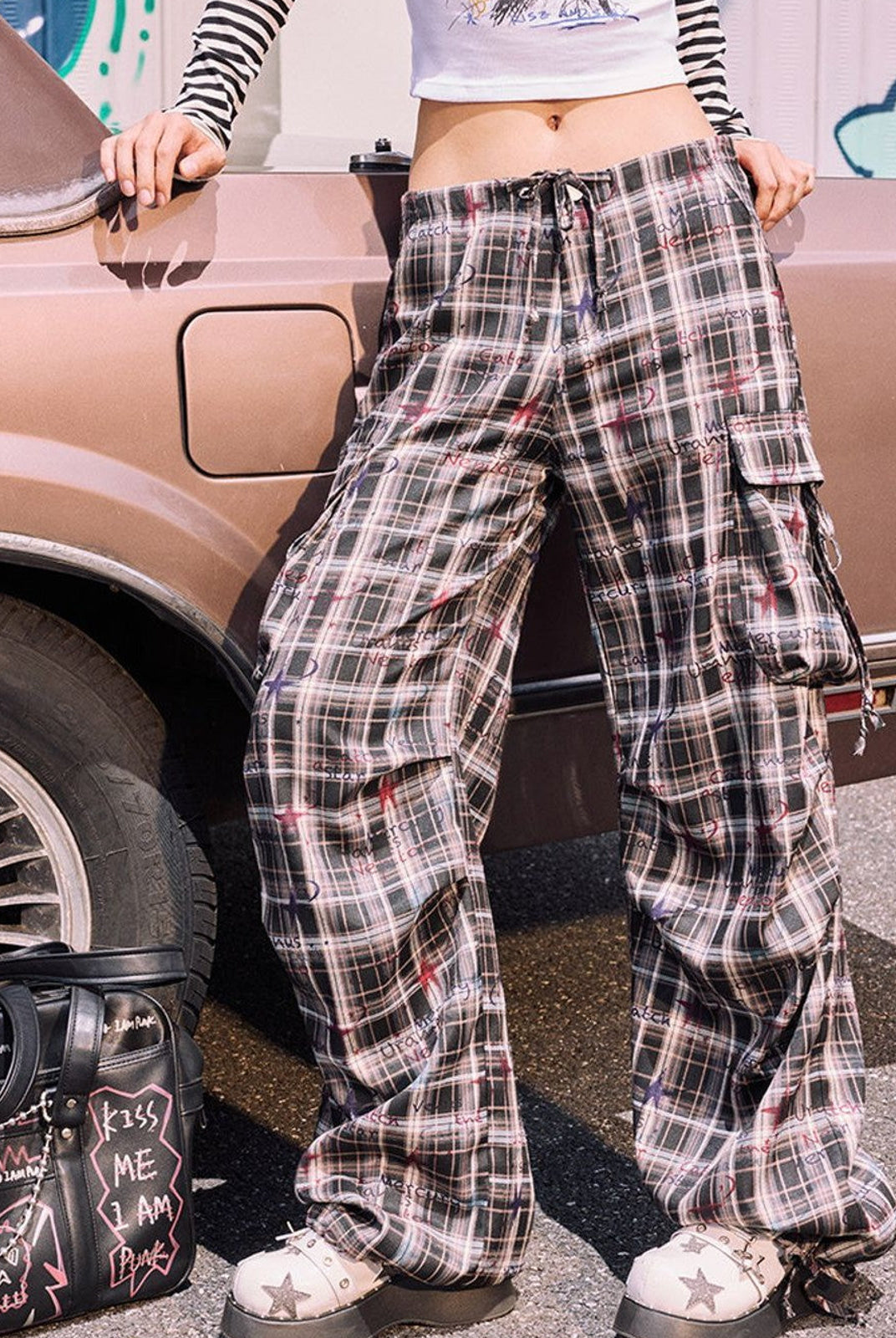 BeerBro Graffiti Plaid Strap Cargo Pants in Sky Blue - On Female Model