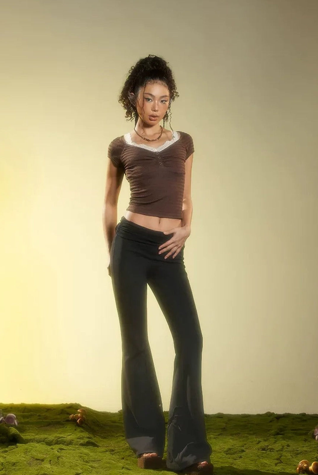 BeerBro Ruched Waist Stretch Flared Pants in Black - On Female Model