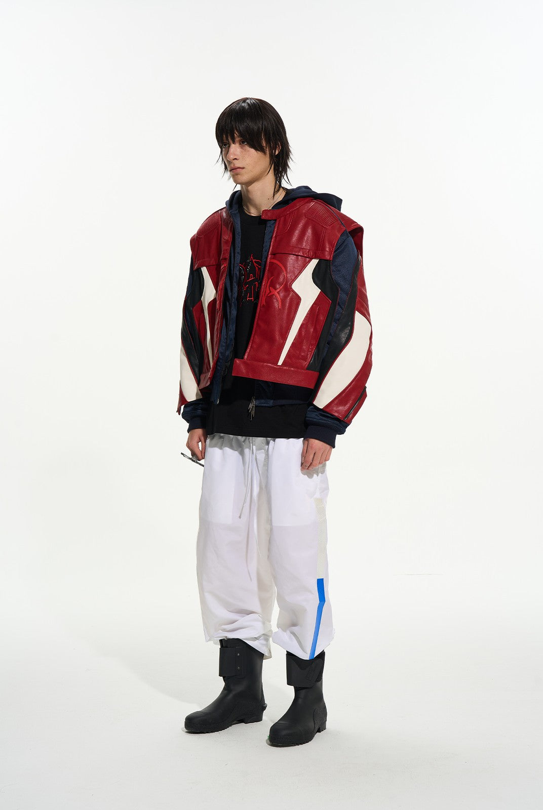 BLINDNOPLAN Layered Colorblock Racing Jacket in Red - On Male Model