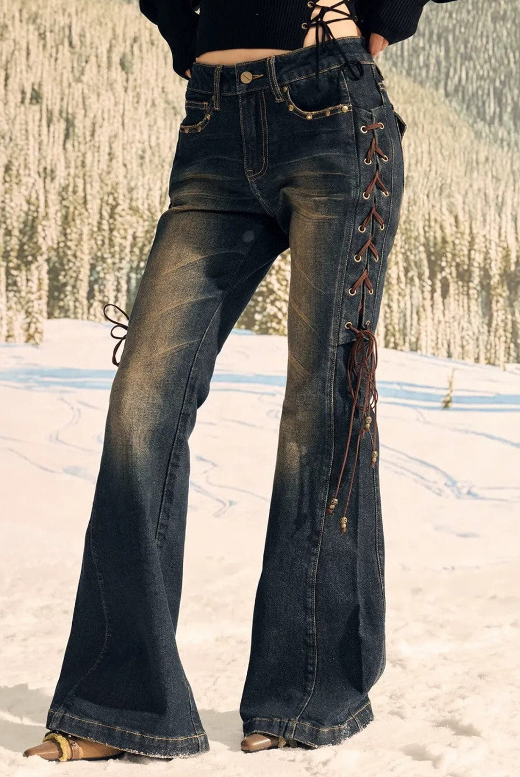 BeerBro Side Lace Up Low Rise Flare Jeans in Blue - On Female Model