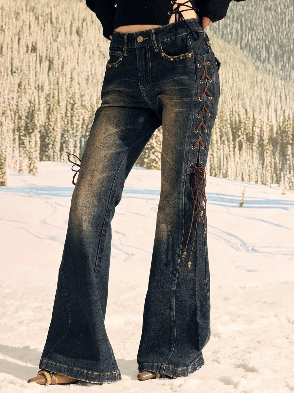 BeerBro Side Lace Up Low Rise Flare Jeans in Blue - On Female Model