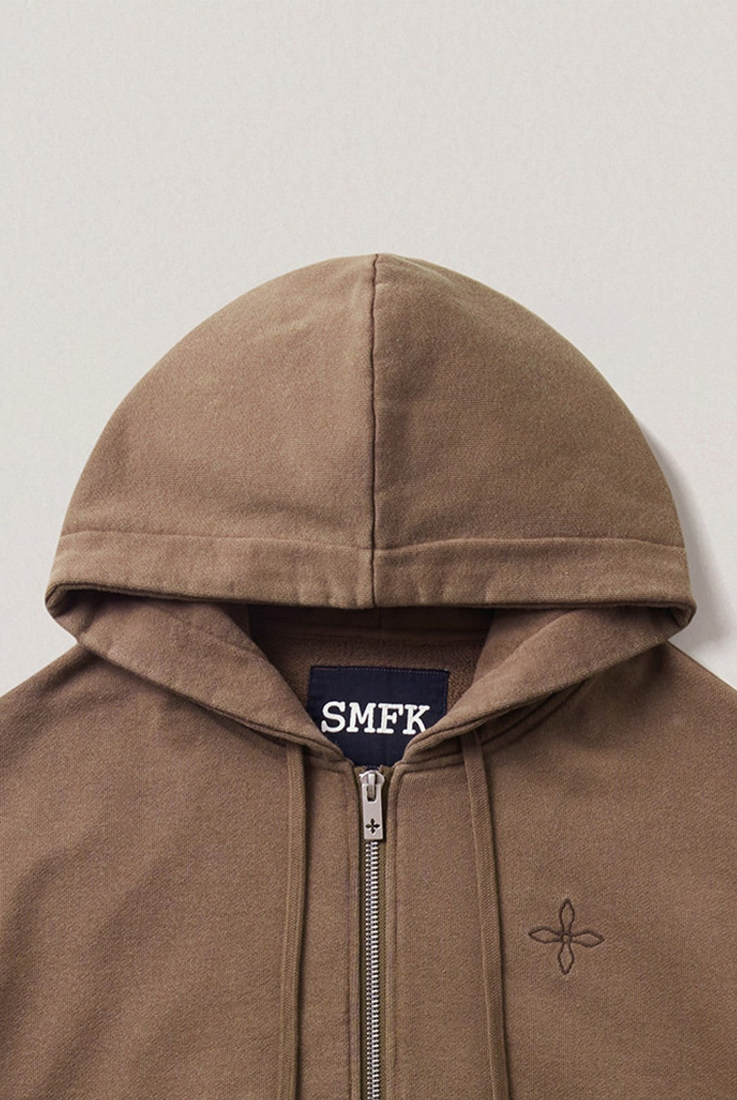SMFK Cross Embroidered Cotton Zip Up Hoodie in Brown - Detail