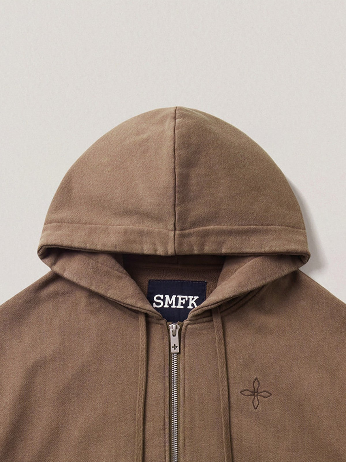 SMFK Cross Embroidered Cotton Zip Up Hoodie in Brown - Detail