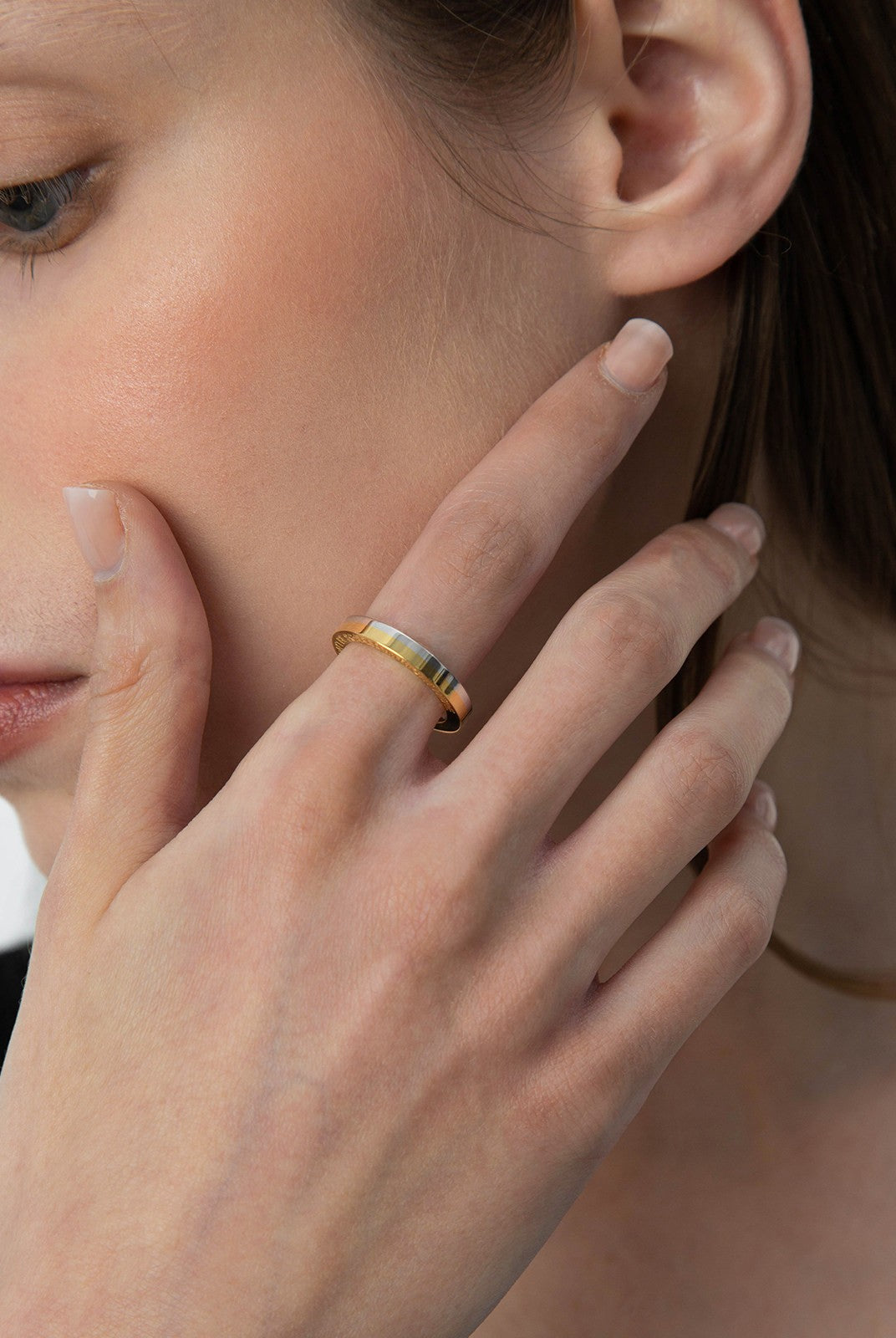 BLACKHEAD Two Tone Engraved Steel Ring in Yellow - On Female Model