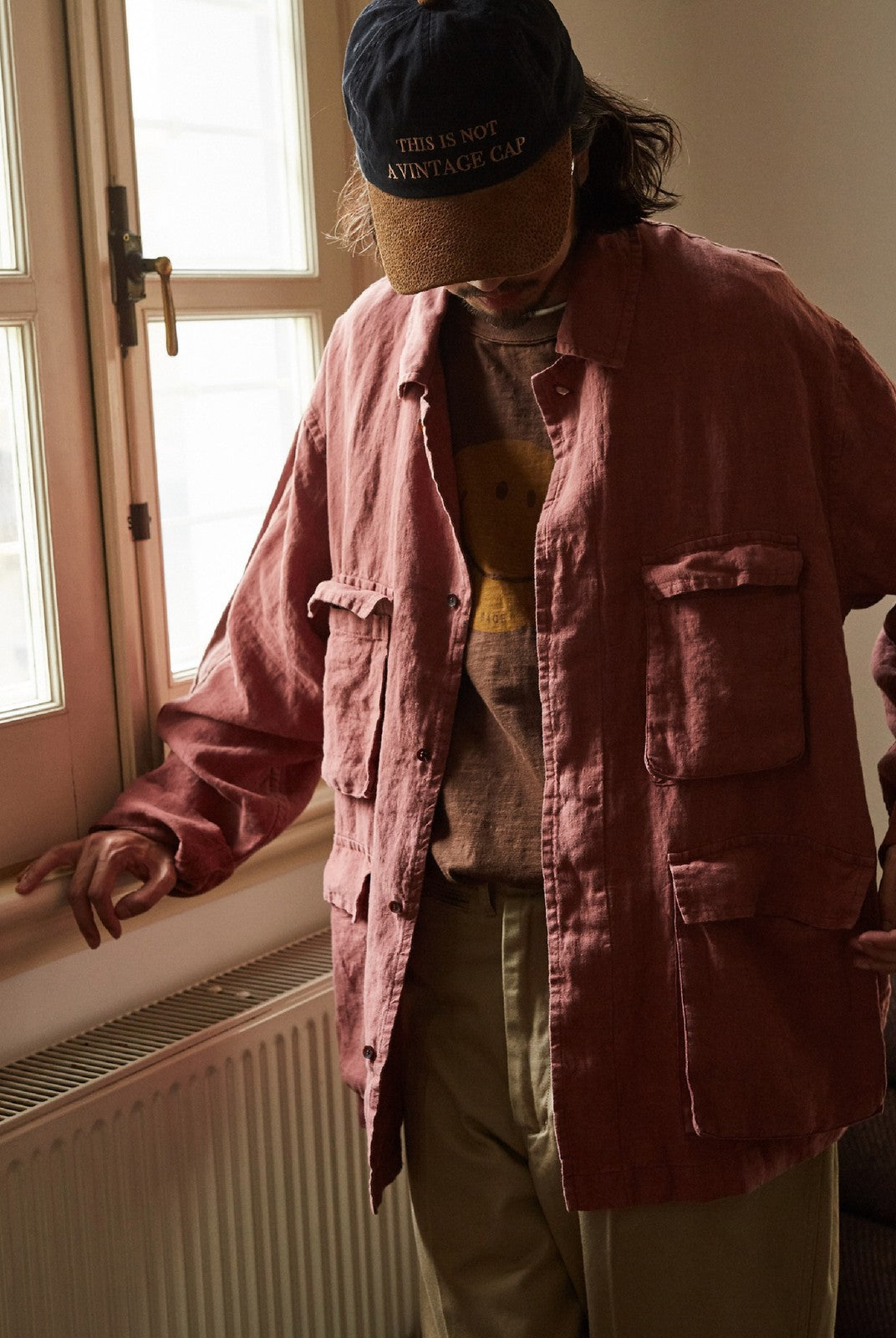 USAGE Linen Four Pocket BDU Jacket in Pink - On Male Model