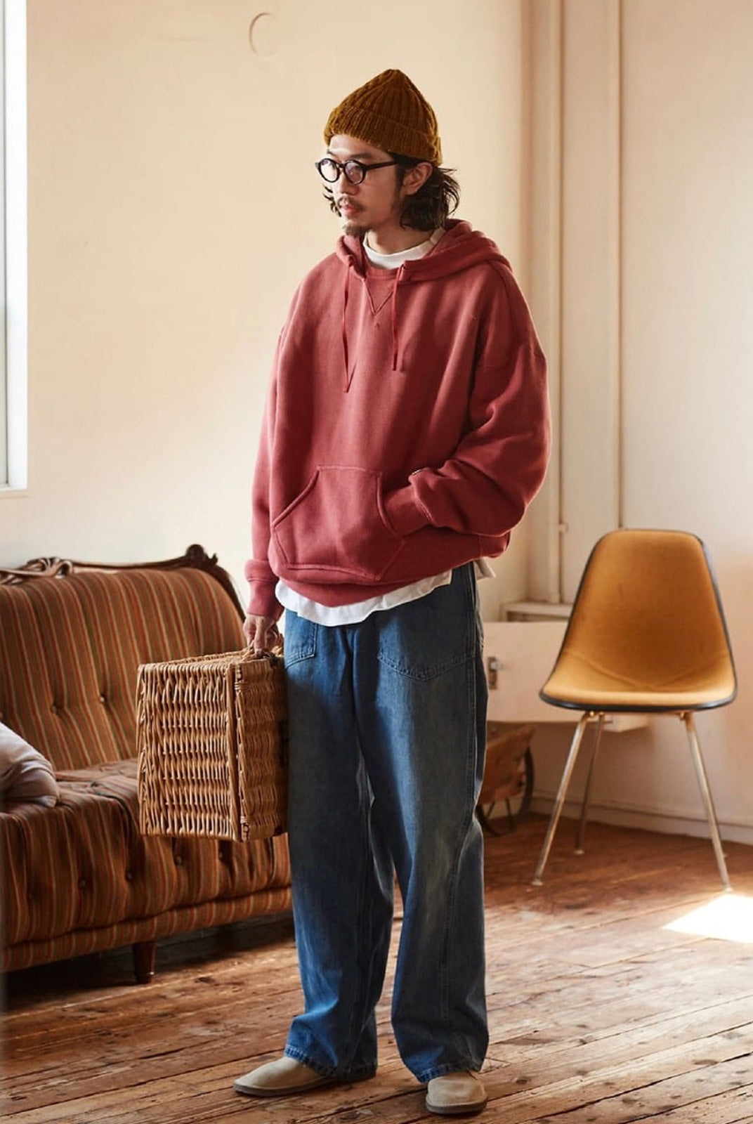 USAGE Faded Vintage Wash Hoodie in Red - On Male Model
