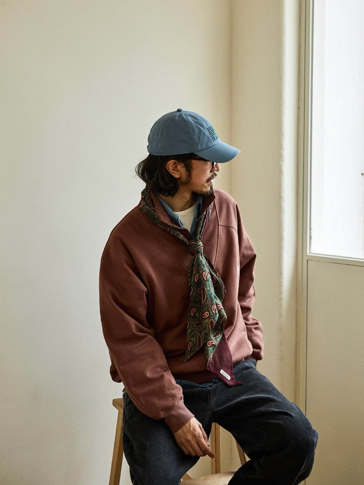 USAGE Heavyweight Cotton Half Zip Sweatshirt in Brown - On Male Model
