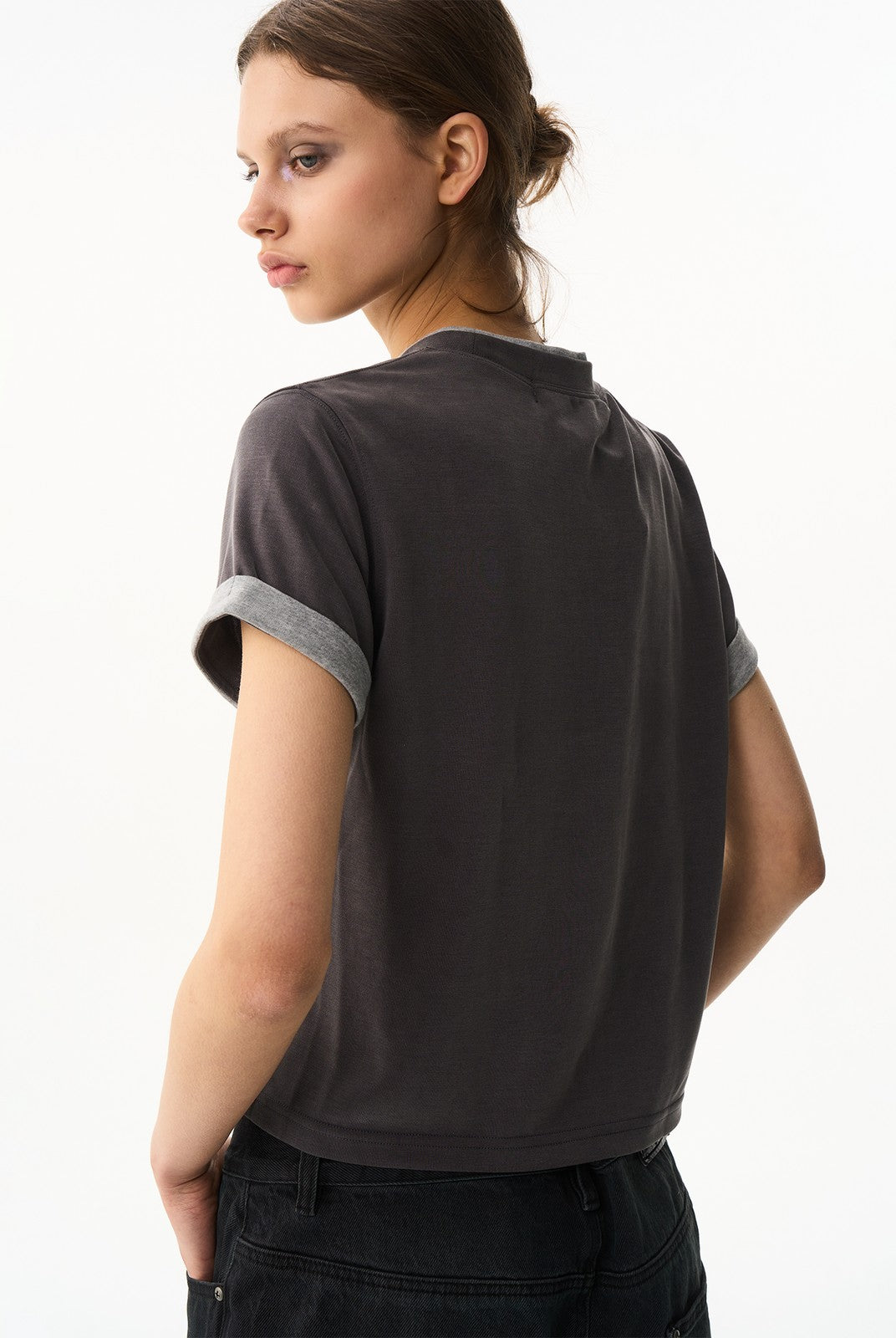 BLINDNOPLAN Embroidered Mock Two Piece T Shirt in Gray - On Female Model
