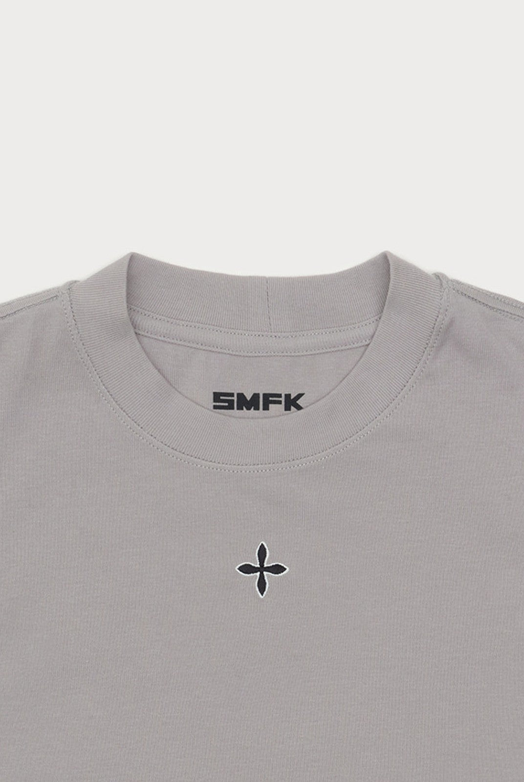 SMFK Embroidered Cross Crewneck Tee in Gray - Detail