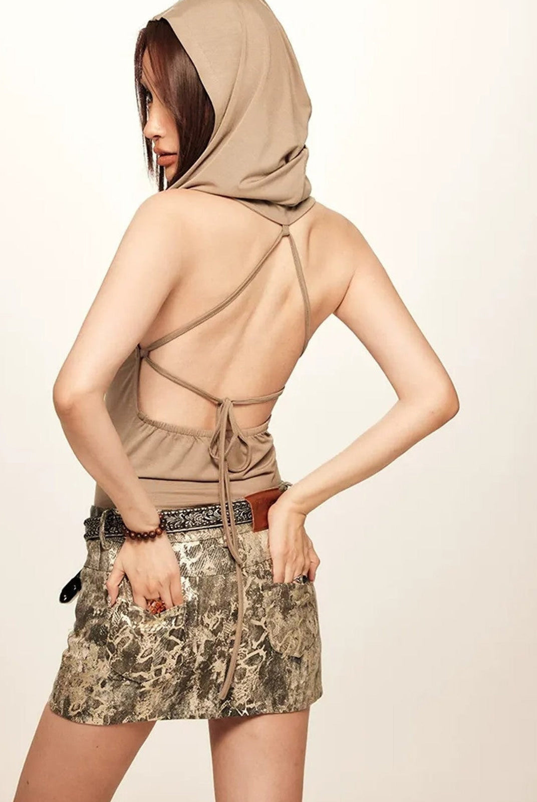 BeerBro Gold Foil Snake Print Mini Skirt in Gold - On Female Model