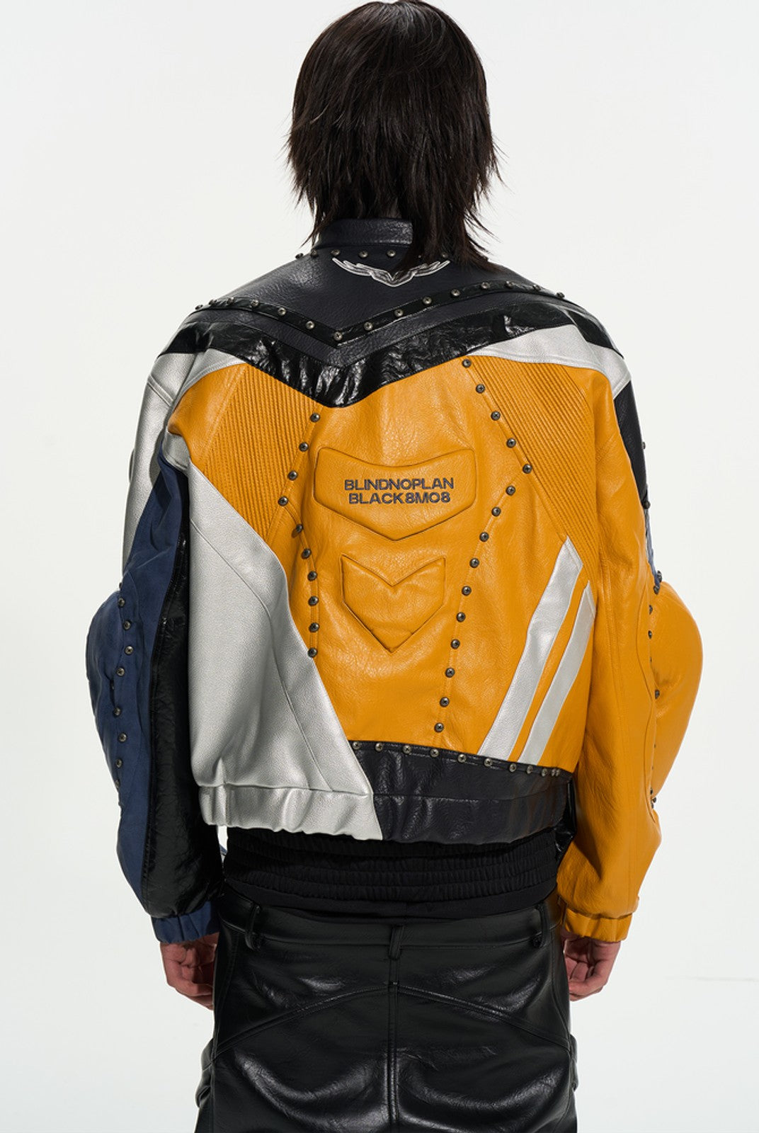 BLINDNOPLAN Color Blocked Faux Leather Biker Jacket in Black - On Model