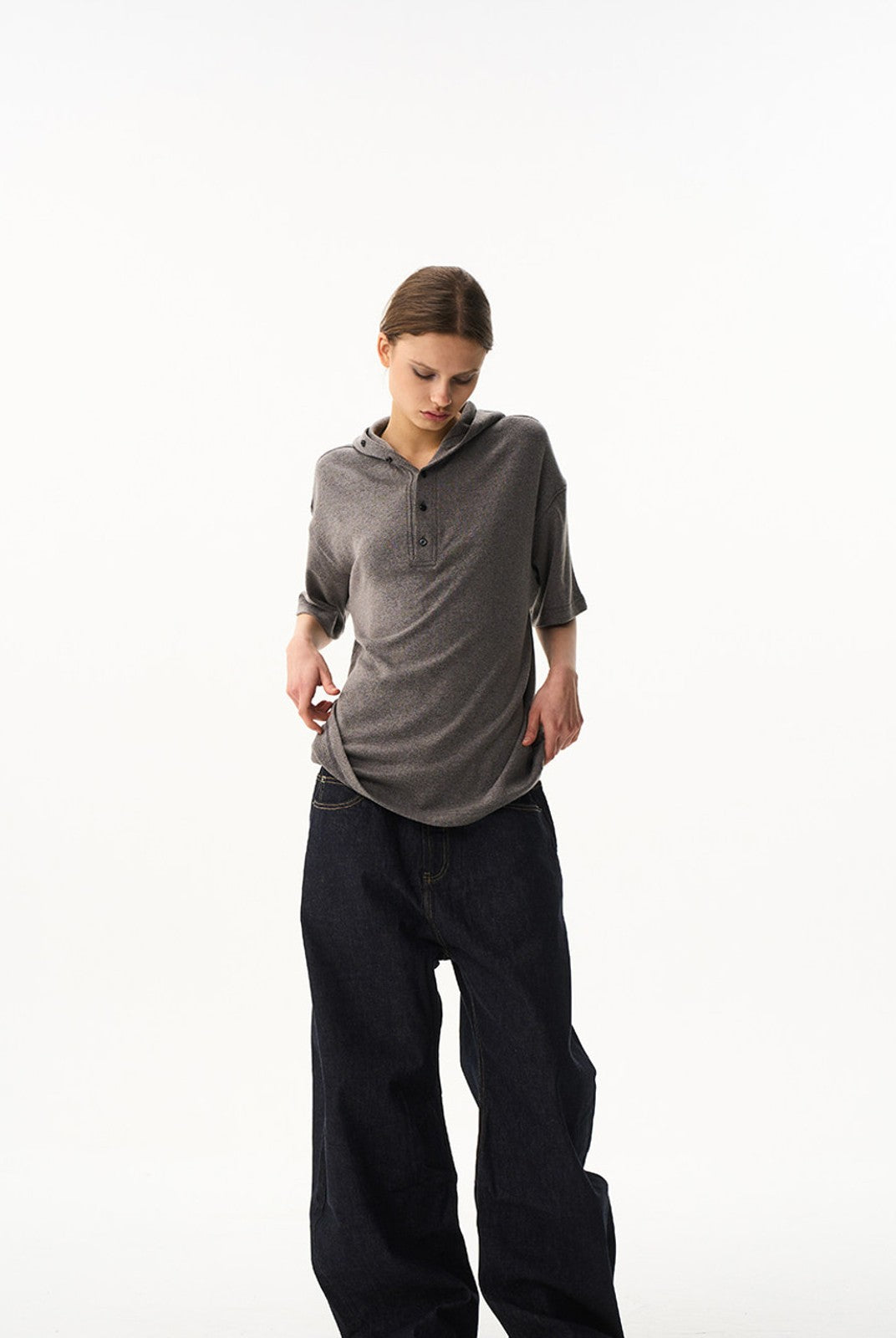 BLINDNOPLAN Hooded Short Sleeve Polo in Gray - On Female Model