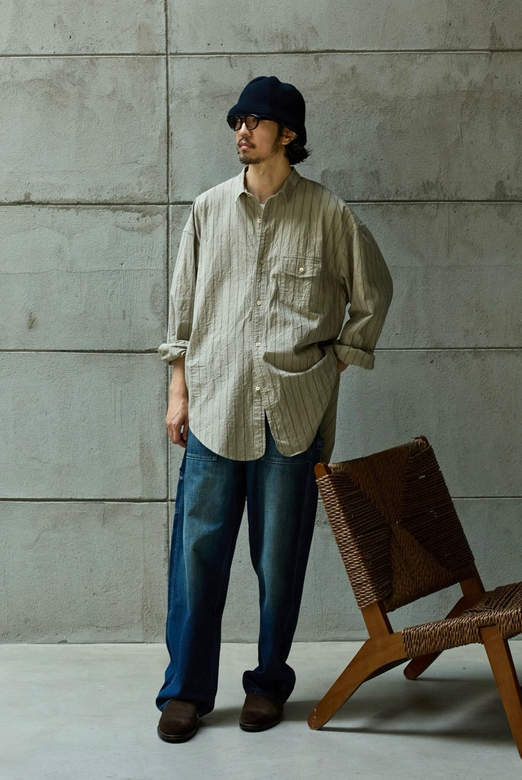USAGE Crinkled Cotton Striped Button Down in Beige - On Male Model