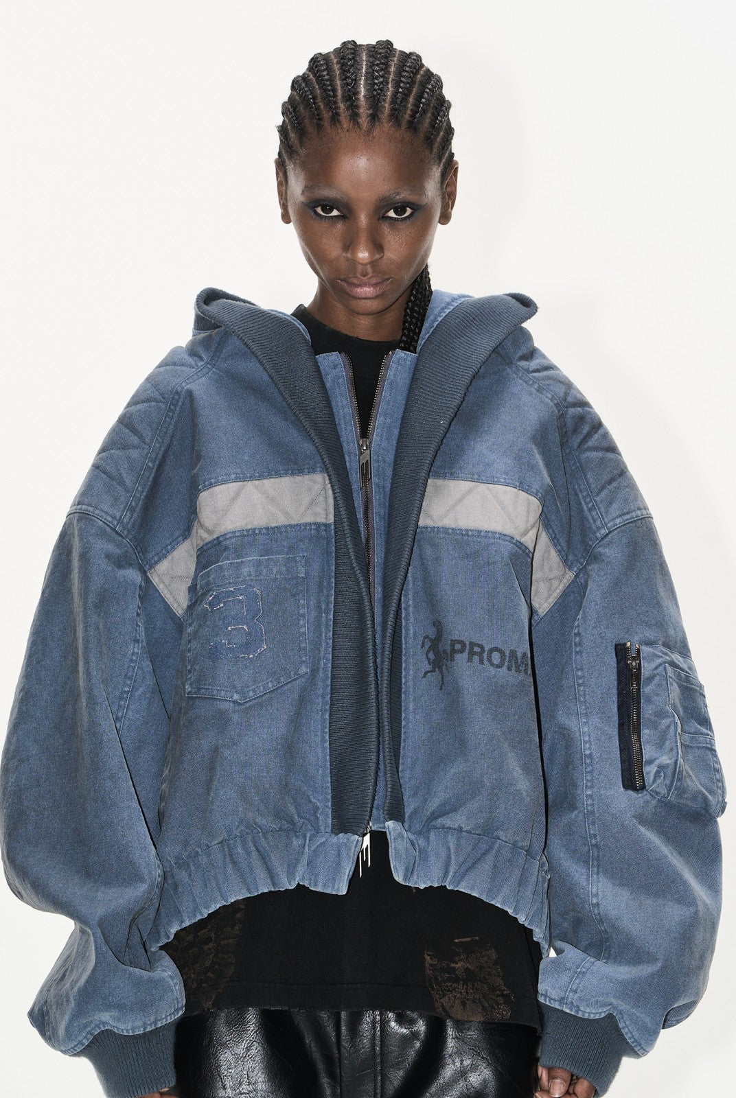 BLINDNOPLAN Distressed Hooded MA 1 Bomber Jacket in Blue - On Female Model