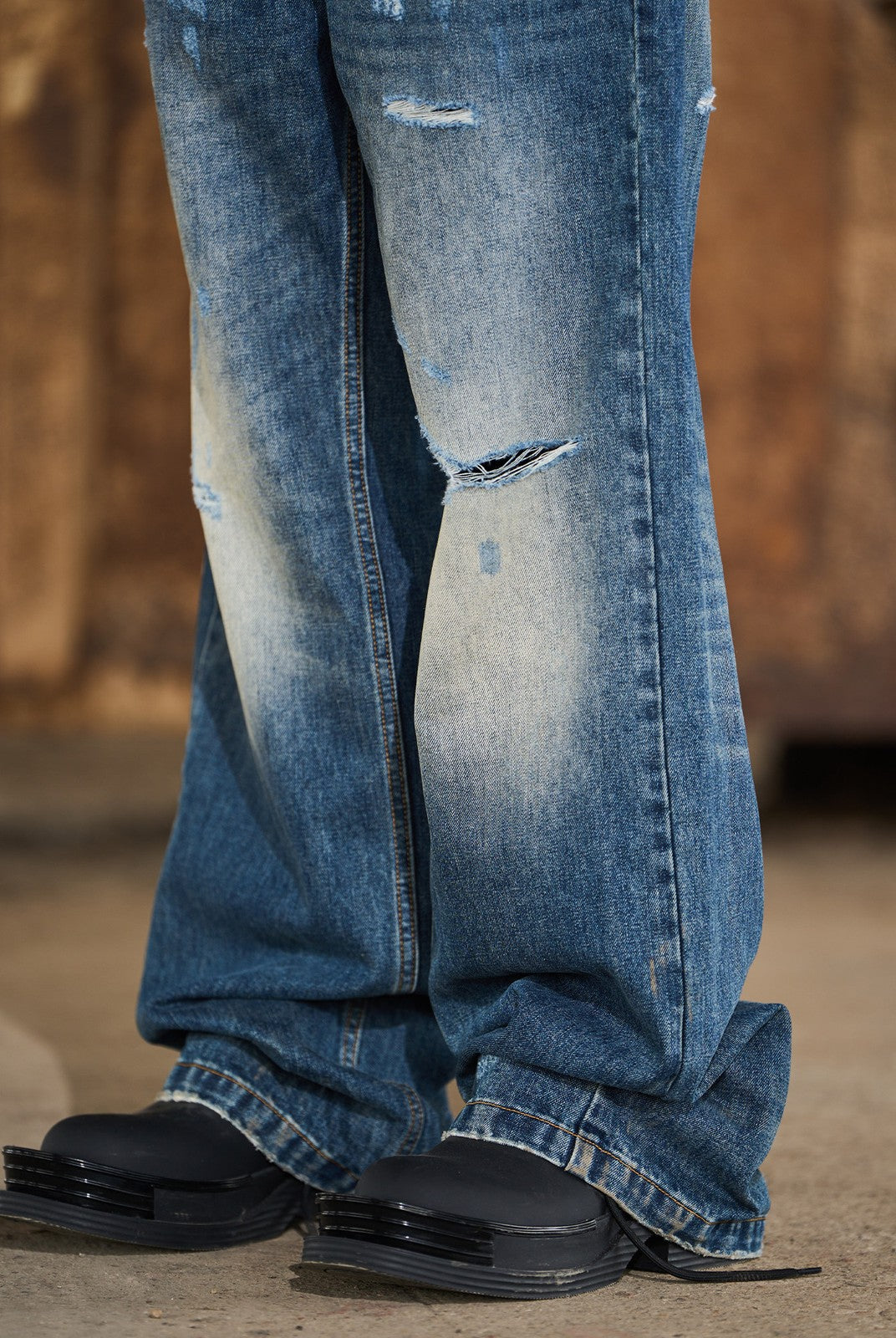 BLINDNOPLAN Distressed Dark Wash Straight Jeans in Blue - On Model