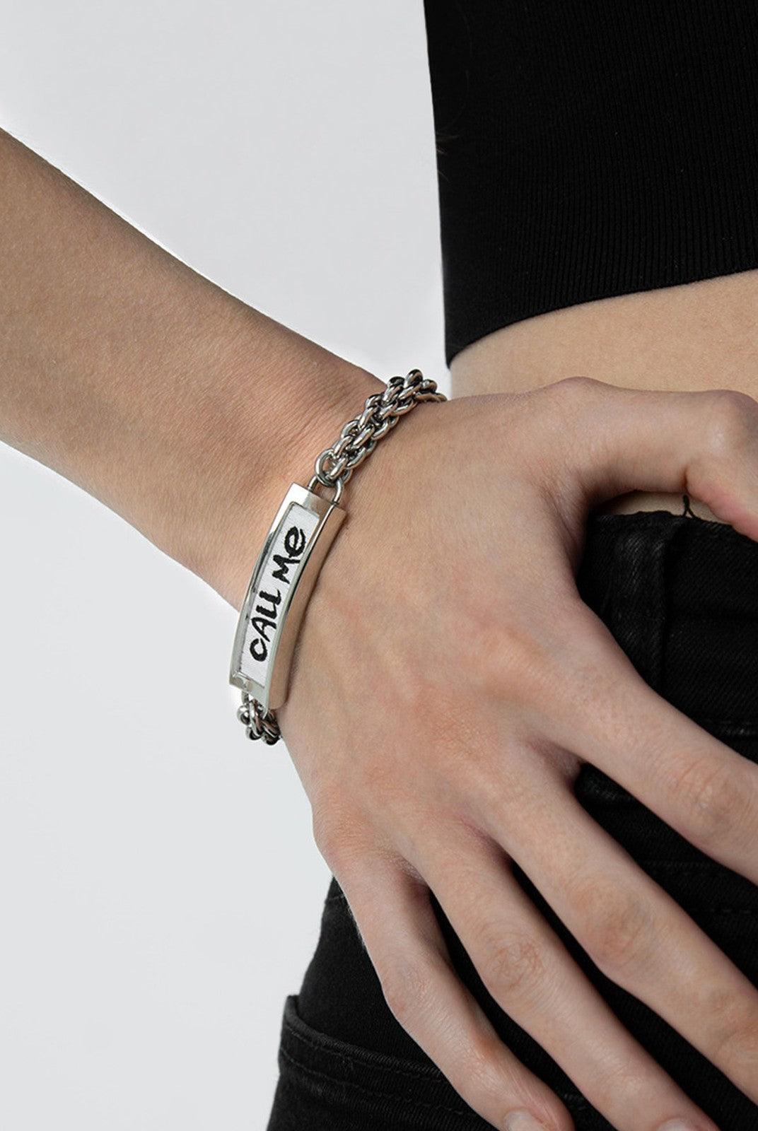 BLACKHEAD Call Me Steel Cuban Chain Bracelet in Silver - On Female Model