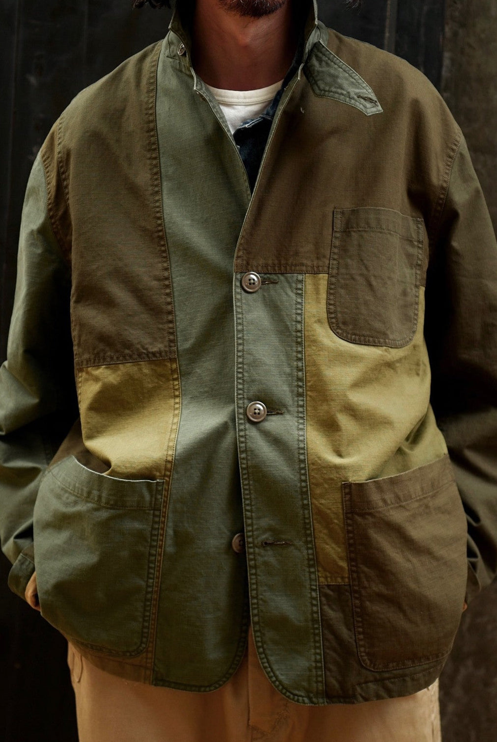 USAGE Cotton Ripstop Patchwork Blazer in Green - On Male Model