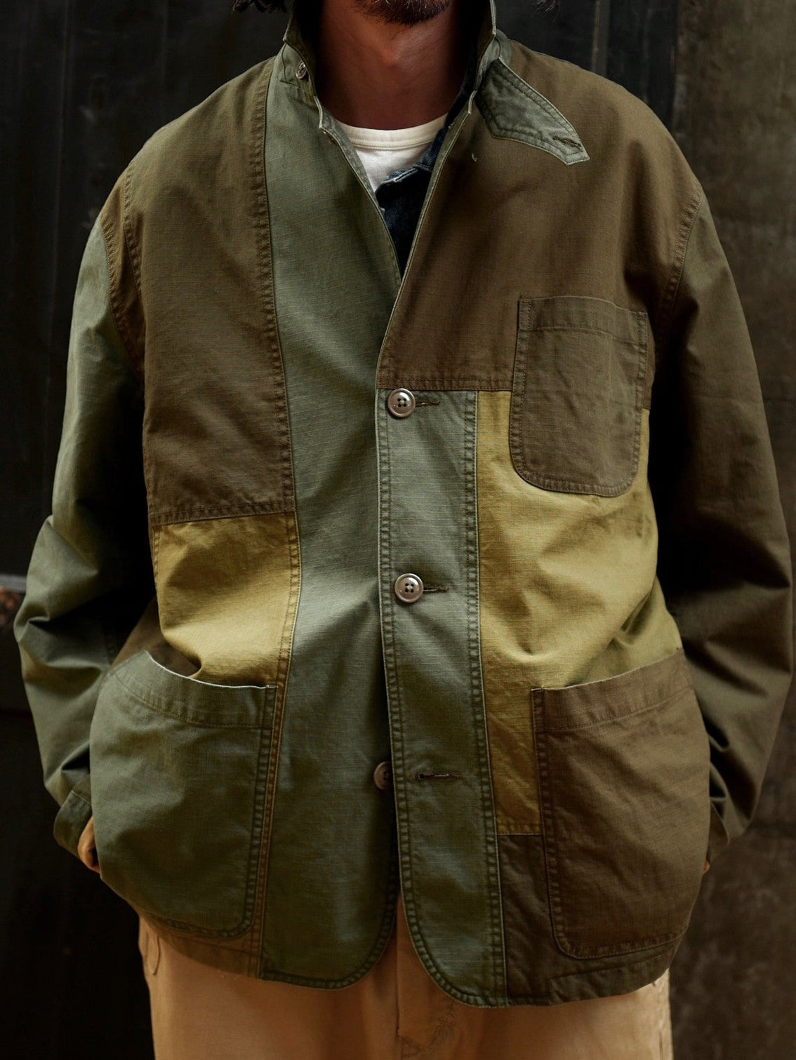 USAGE Cotton Ripstop Patchwork Blazer in Green - On Male Model
