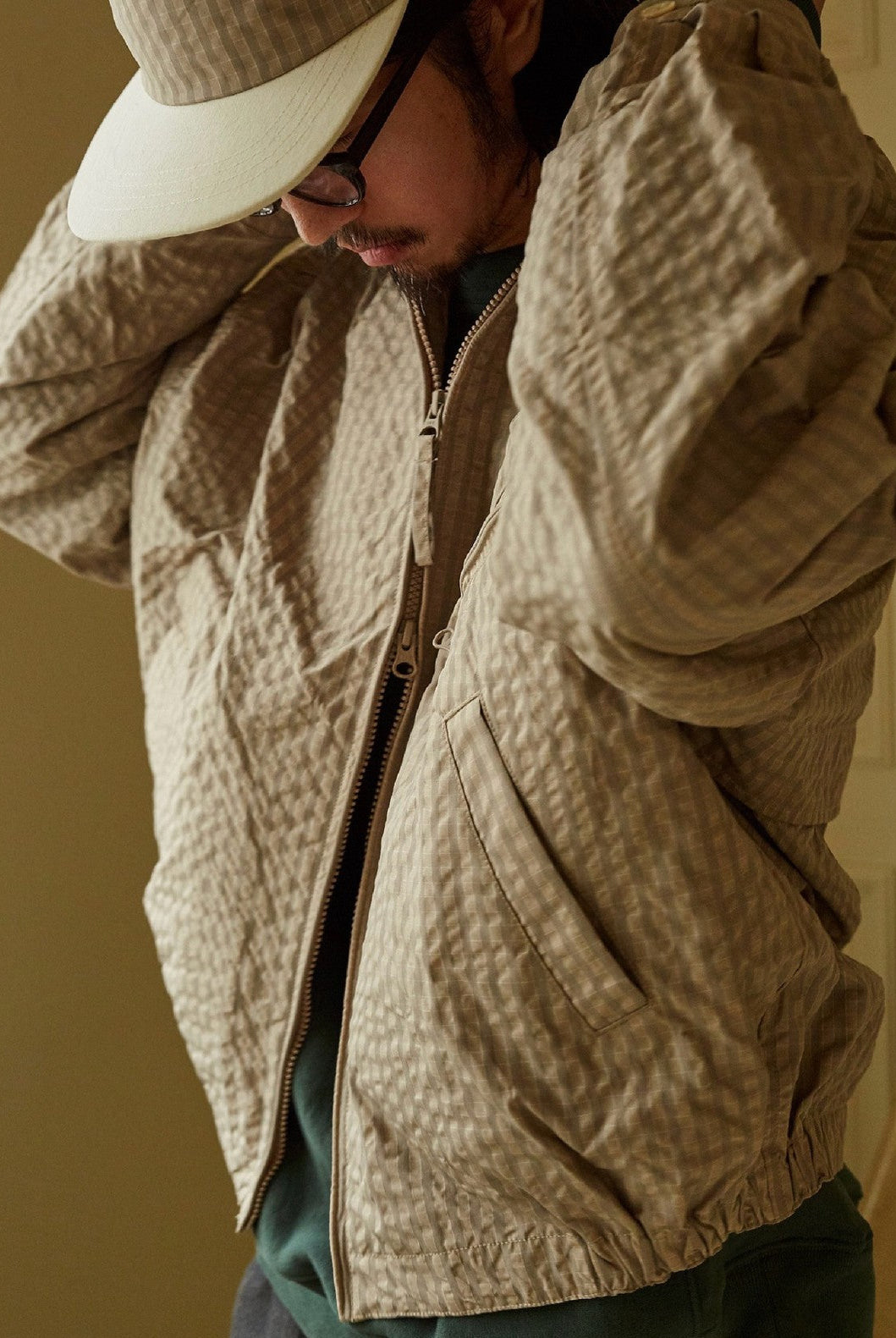 USAGE Jacquard Check Harrington Jacket in Beige - On Male Model