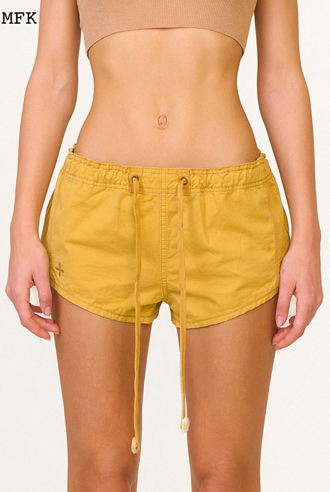 SMFK Low Rise Drawstring Cotton Shorts in Wheat - On Female Model