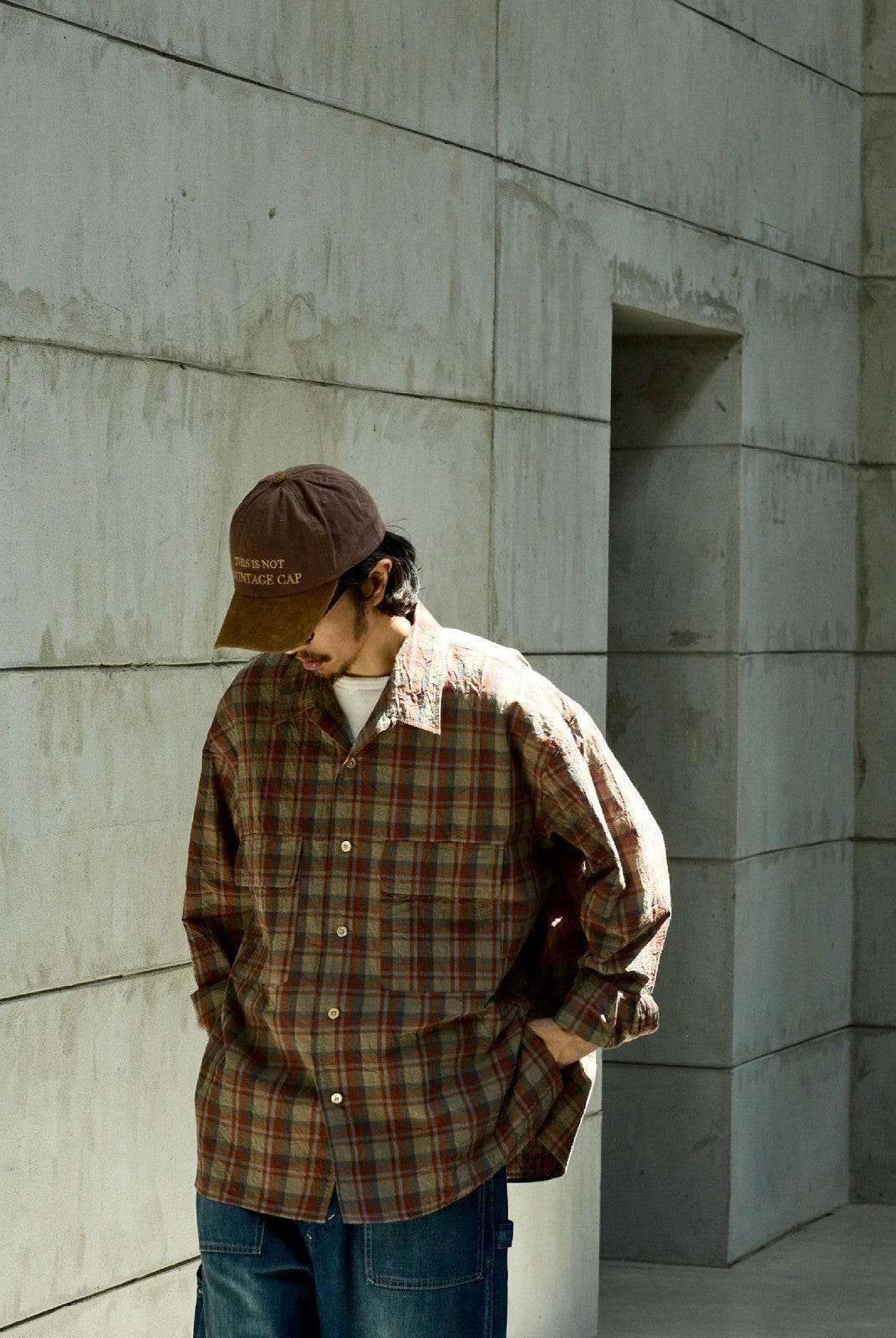 USAGE Washed Crinkle Plaid Open Collar Shirt in Orange - On Male Model