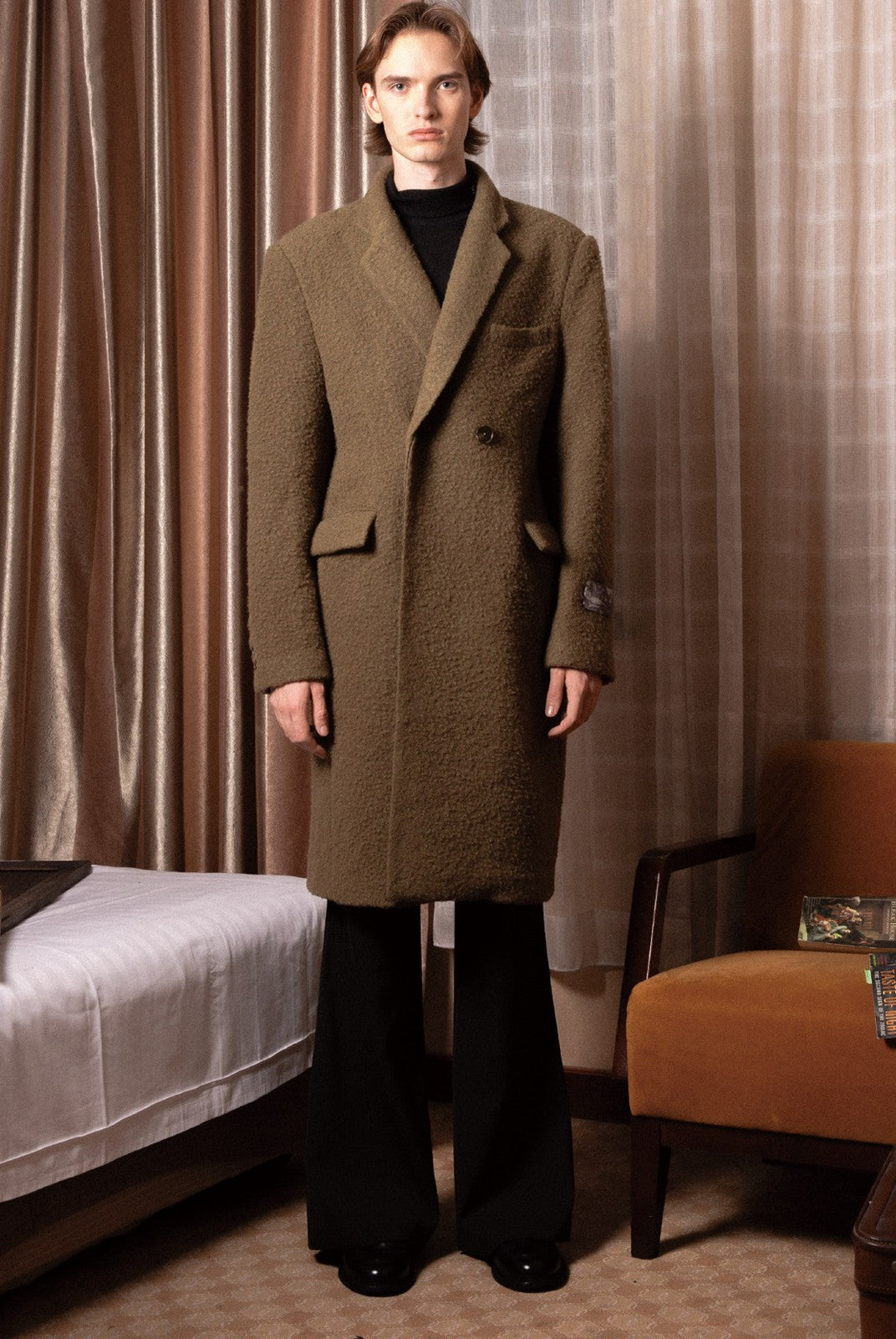 SOD Oversized Double Breasted Wool Blend Coat in Green - On Male Model