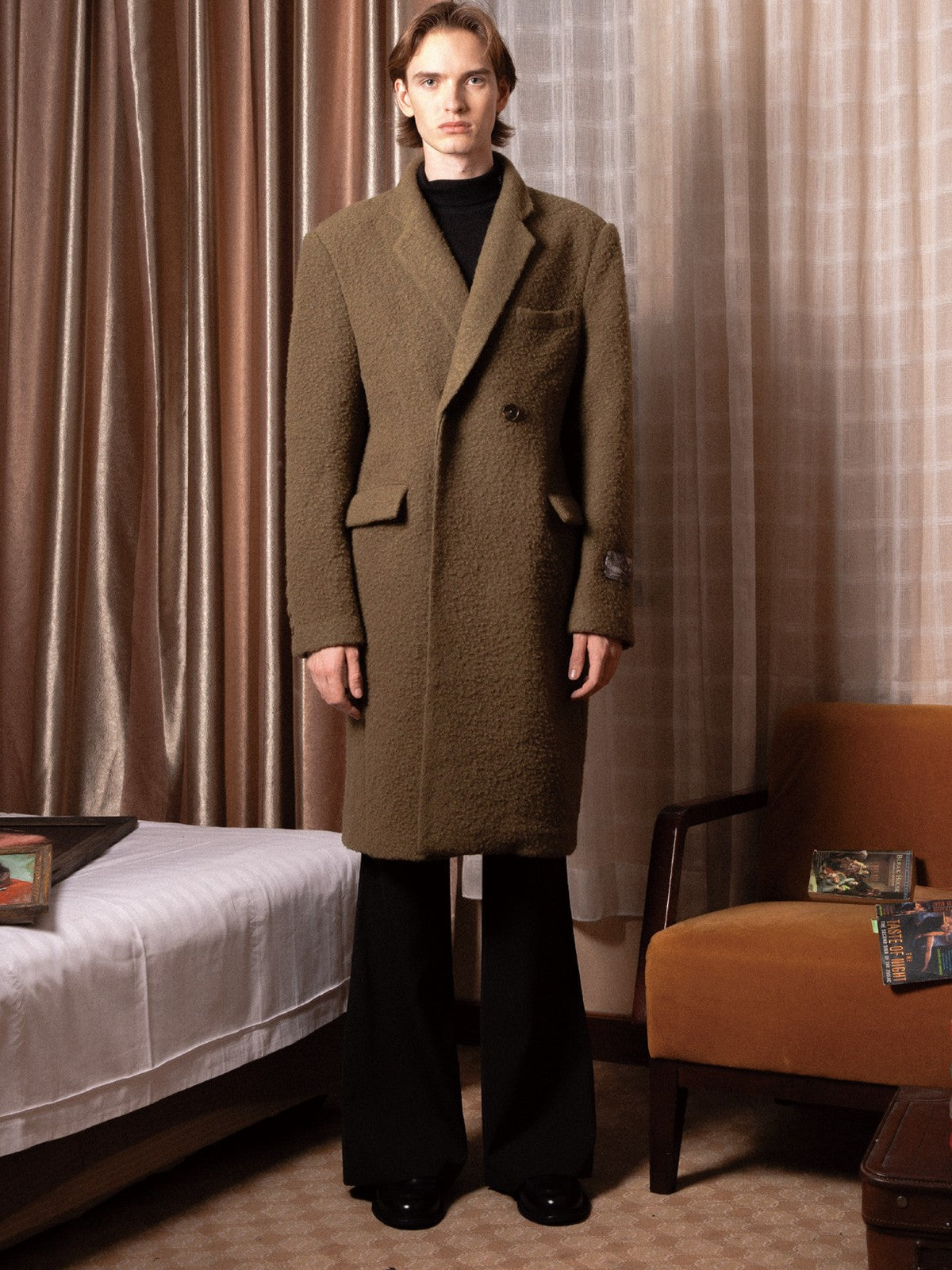 SOD Oversized Double Breasted Wool Blend Coat in Green - On Male Model