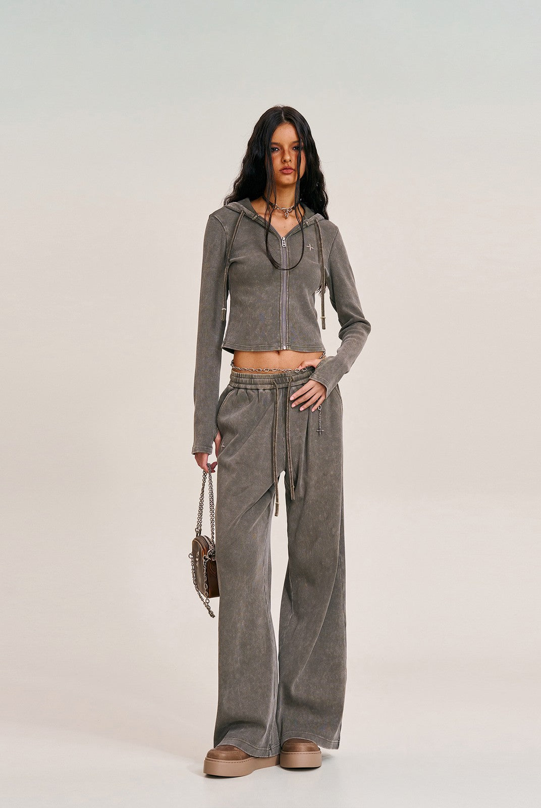SMFK Washed Ribbed Zip Up Hoodie in Gray - On Female Model