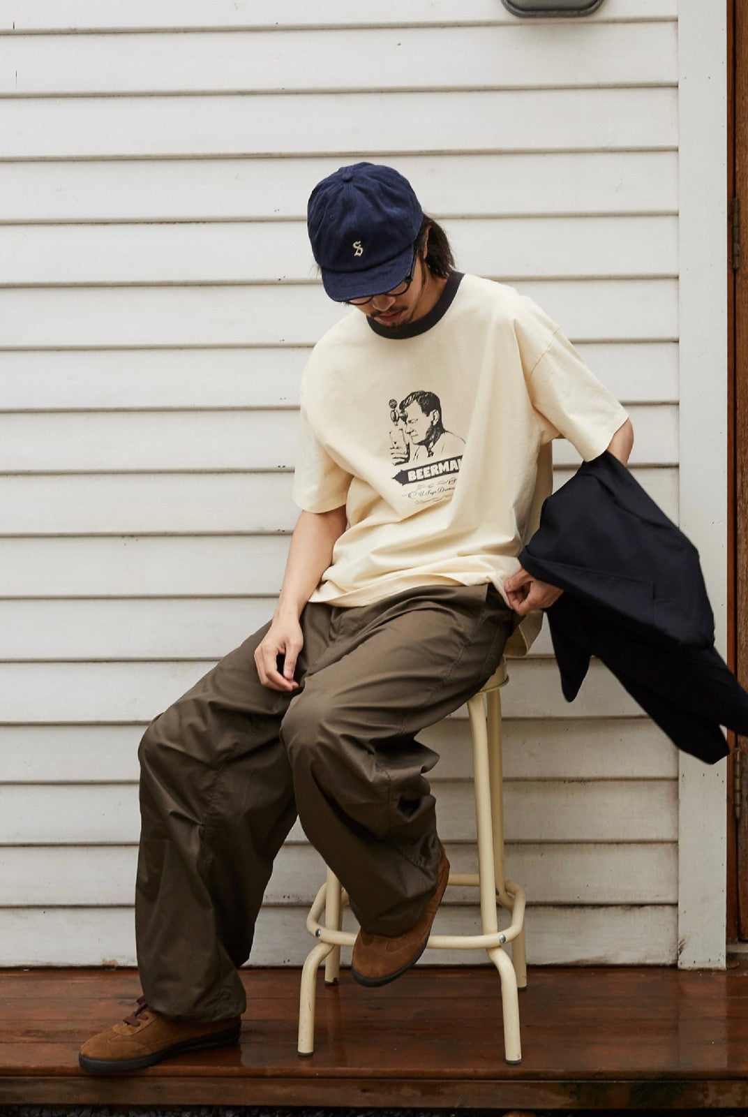 USAGE Graphic Cotton Ringer T Shirt in Cream - On Male Model