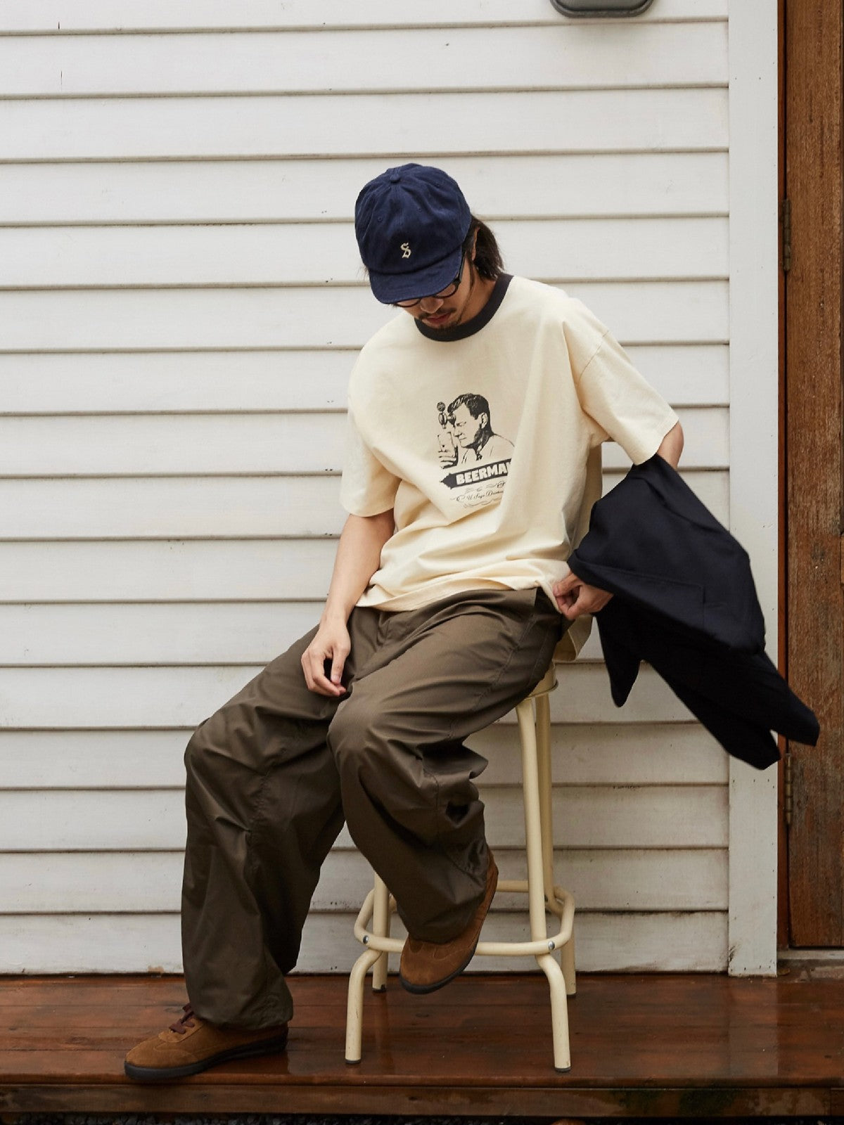 USAGE Graphic Cotton Ringer T Shirt in Cream - On Male Model