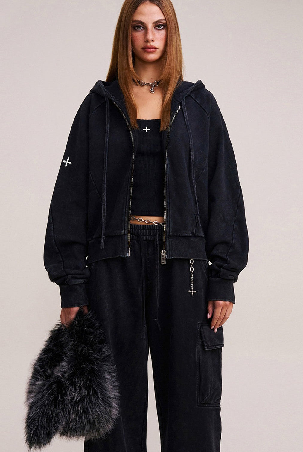 SMFK Garment Dyed Cotton Zip Up Hoodie in Black - On Female Model