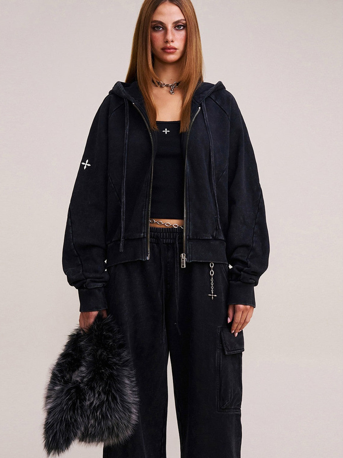 SMFK Garment Dyed Cotton Zip Up Hoodie in Black - On Female Model