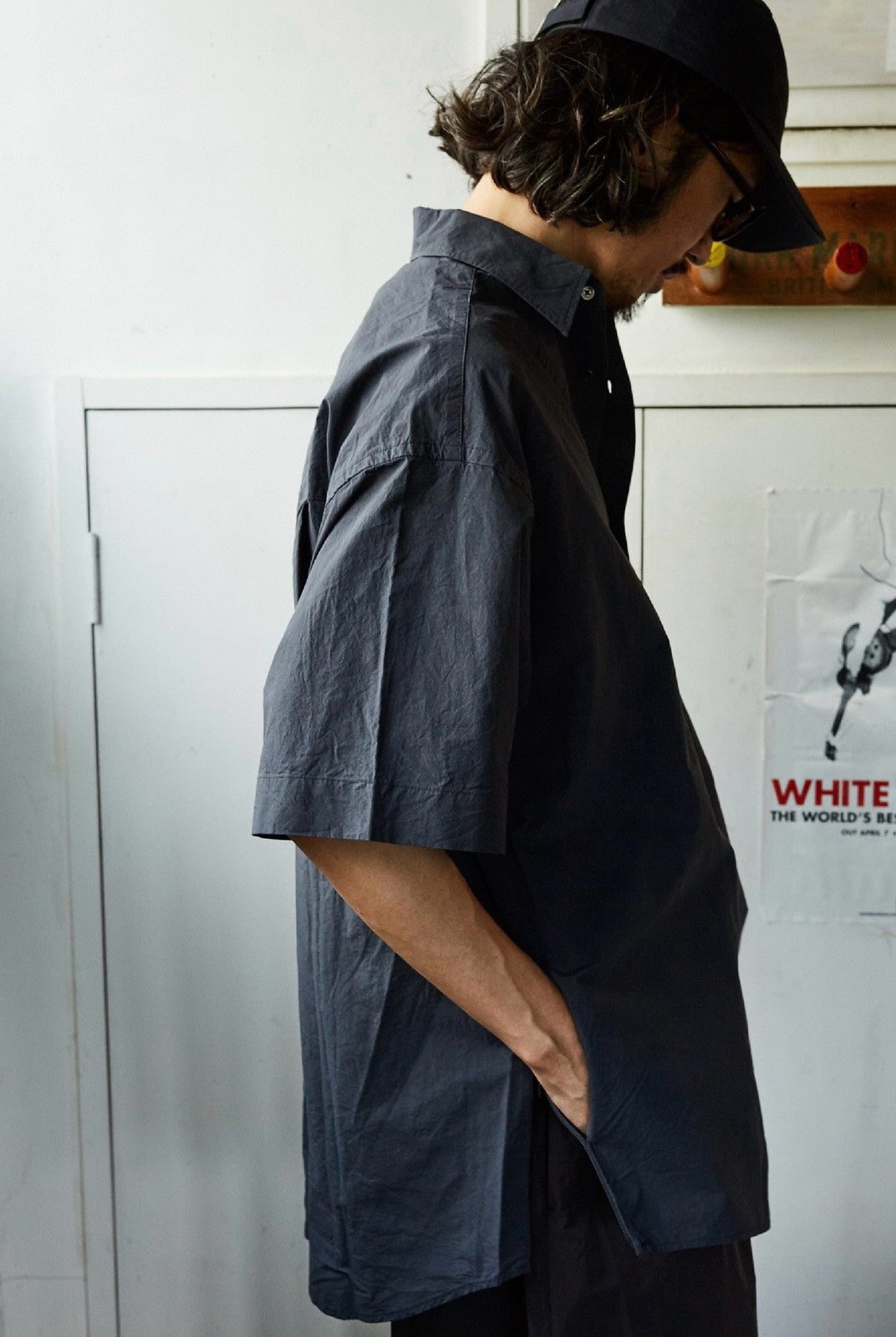 USAGE Cotton Crinkle Short Sleeve Shirt in Navy Blue - On Male Model