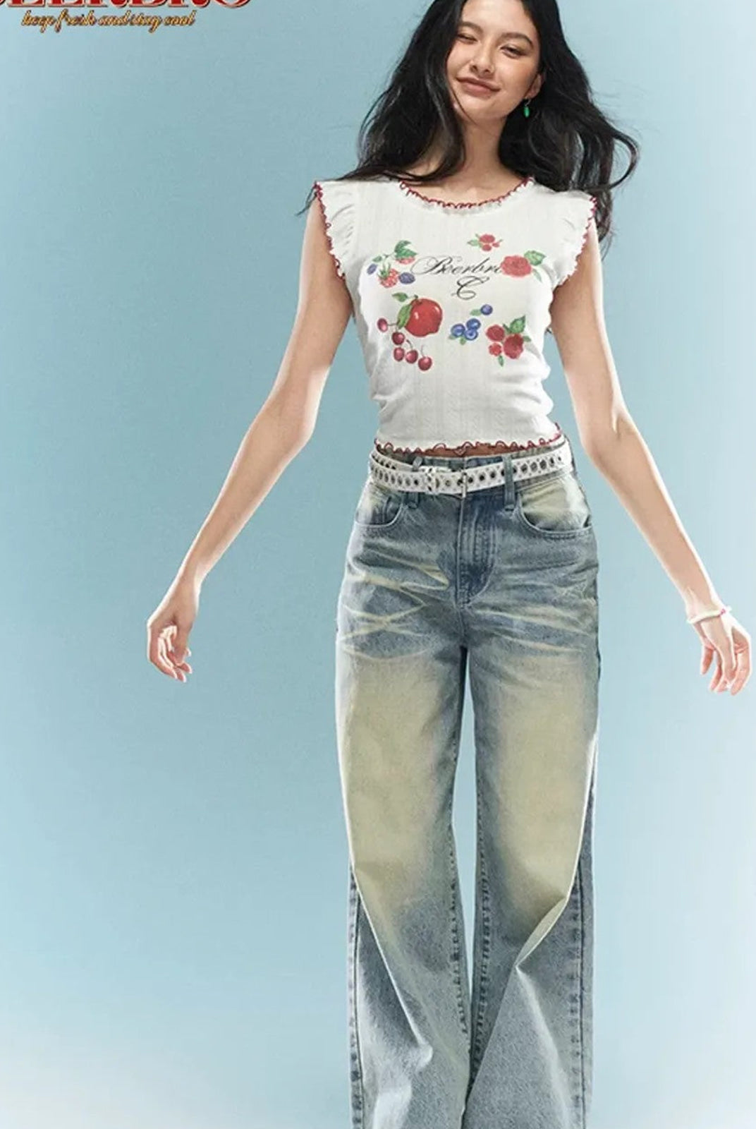 BeerBro Fruit Print Lettuce Edge Crop Top in White - On Female Model