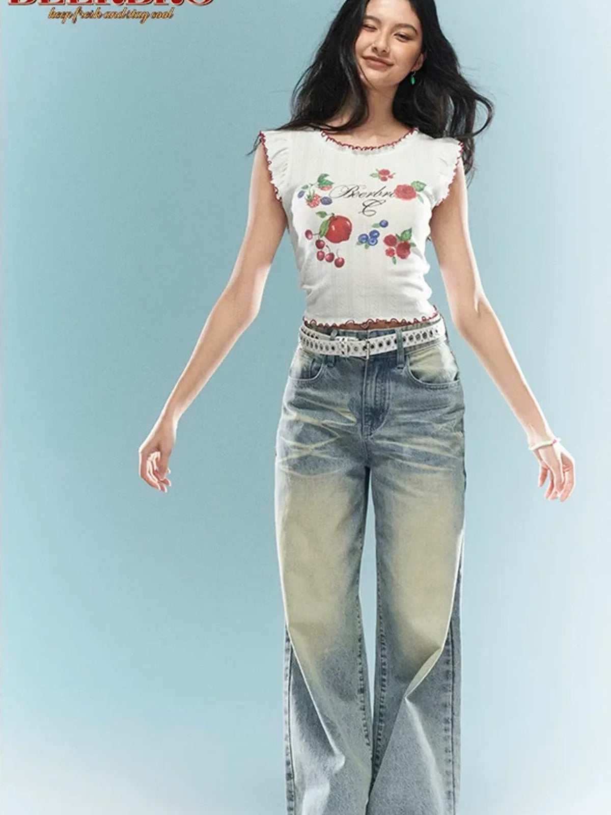 BeerBro Fruit Print Lettuce Edge Crop Top in White - On Female Model