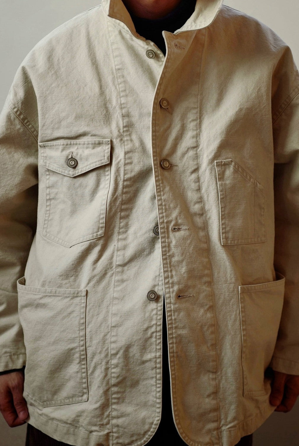 USAGE Washed Heavyweight Cotton Chore Jacket in Beige - On Male Model
