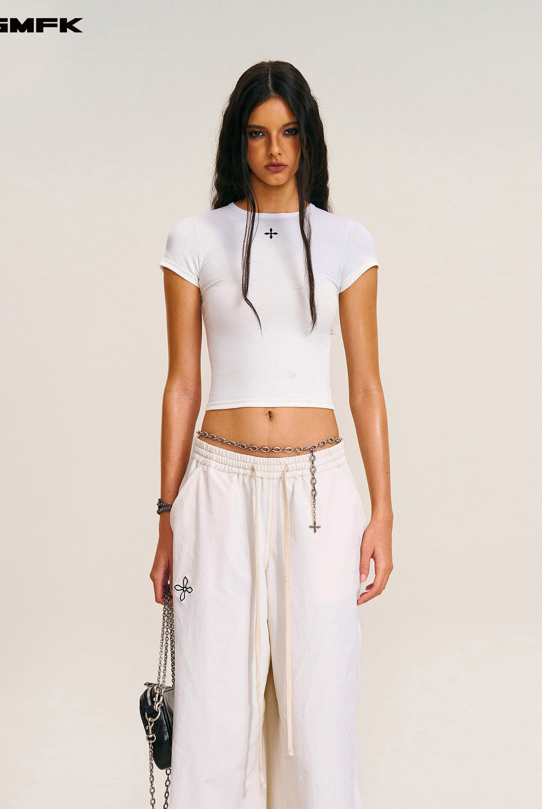 SMFK Short Sleeve Cropped T Shirt in White - On Female Model