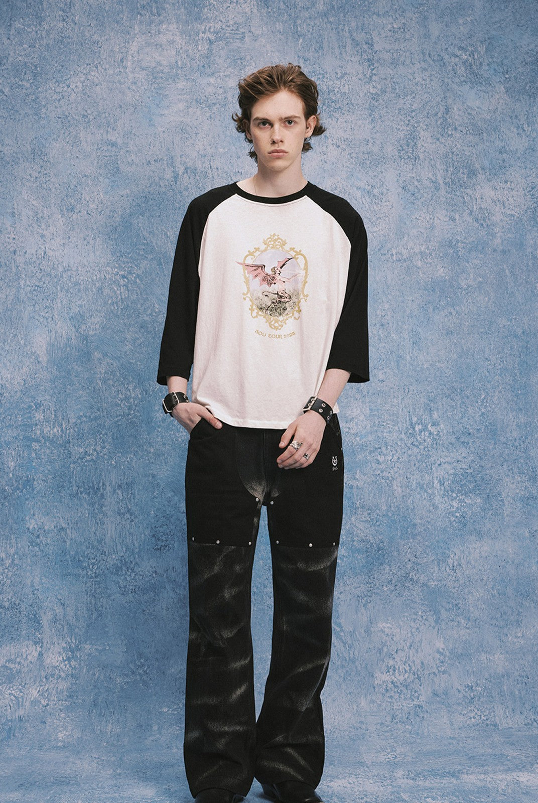 SOD Rivet Panel Micro Flare Jeans in Black - On Male Model