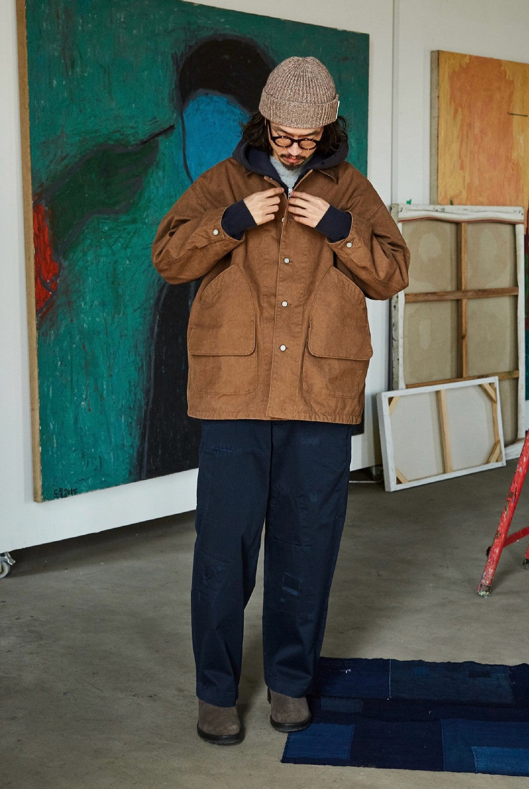 USAGE Heavyweight Canvas Hunting Jacket in Beige - On Male Model