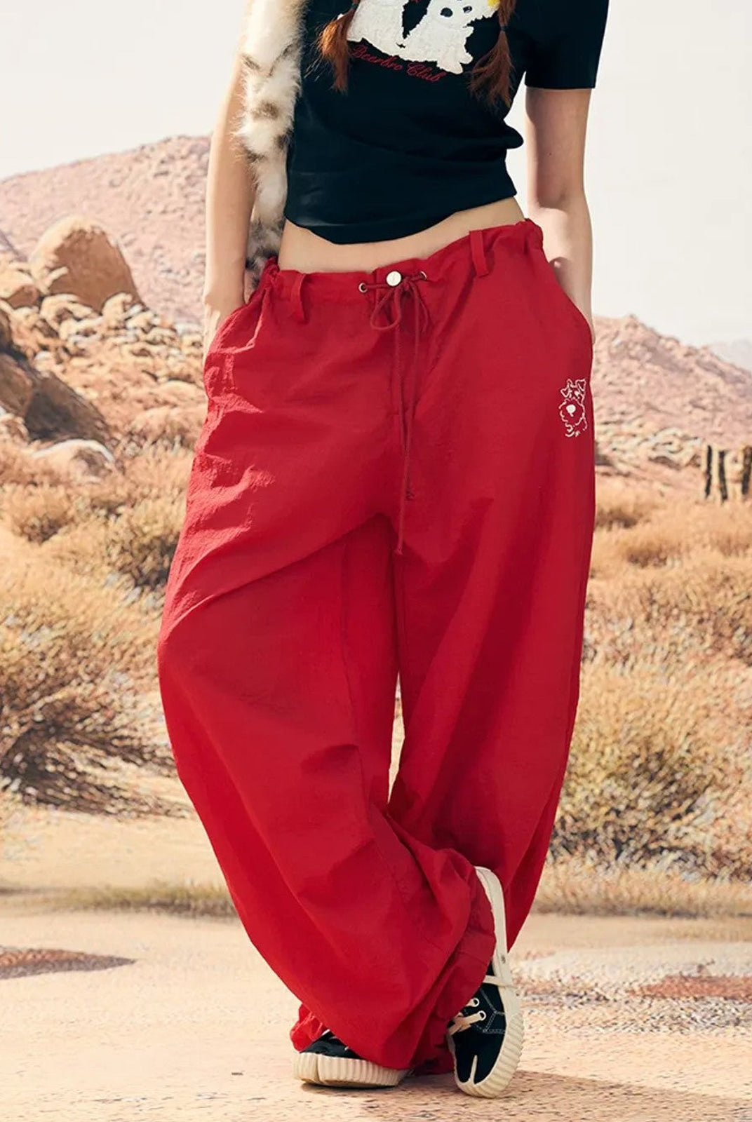 BeerBro Lightweight Parachute Pants in Red - On Female Model