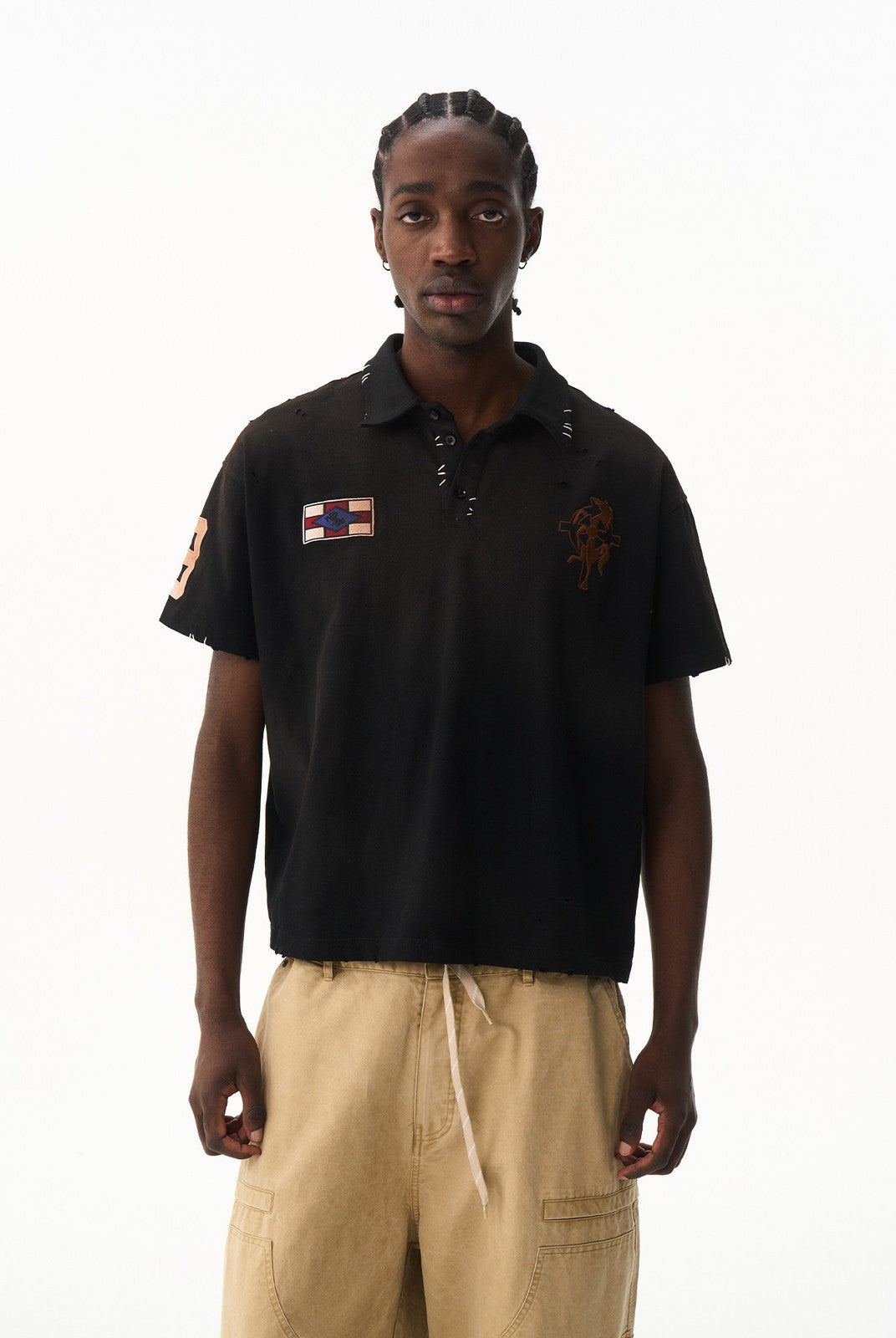 BLINDNOPLAN Distressed Embroidered Cotton Polo in Black - On Male Model