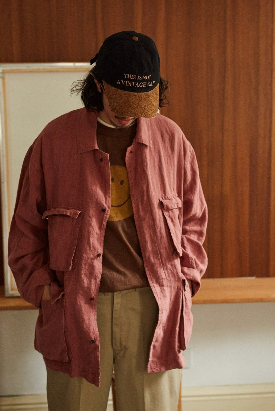 USAGE Linen Four Pocket BDU Jacket in Pink - On Male Model