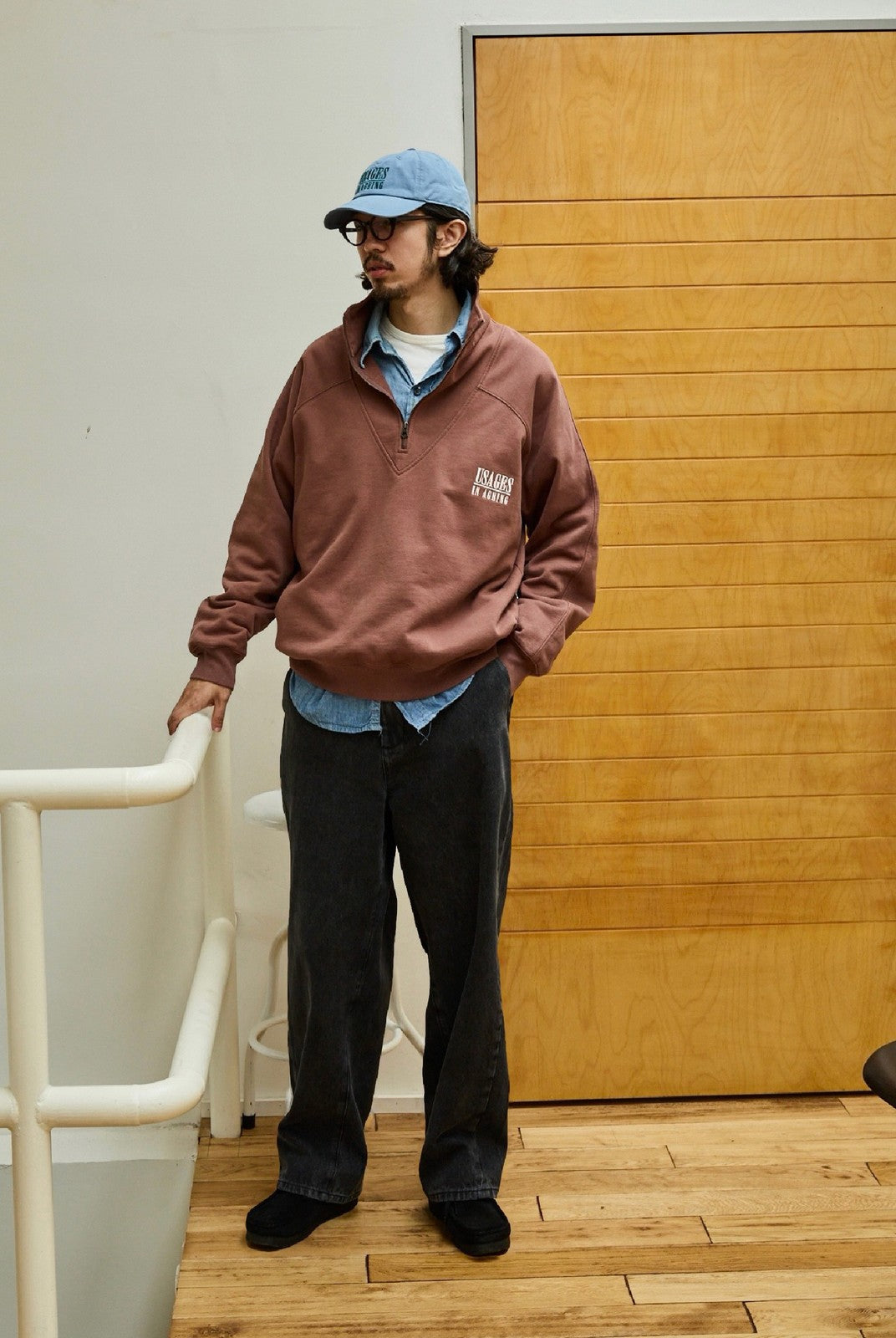 USAGE Heavyweight Cotton Half Zip Sweatshirt in Brown - On Male Model