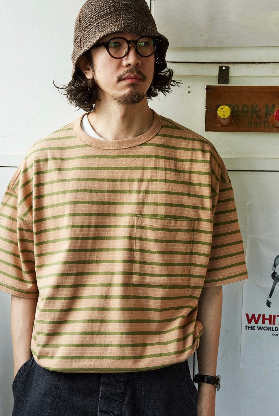 USAGE Retro Striped Cotton T Shirt in Pink - On Male Model